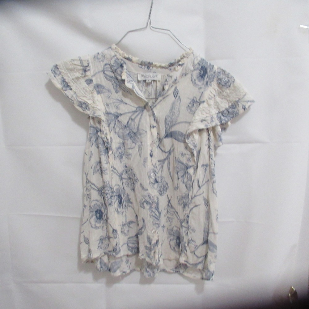 Rachel Zoe Floral Blouse Womens Small Blue Flutter Sleeve Toile Top boho